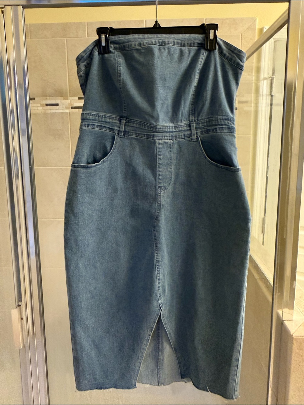 Fashion Nova Strapless Denim Midi Dress - Light Blue
